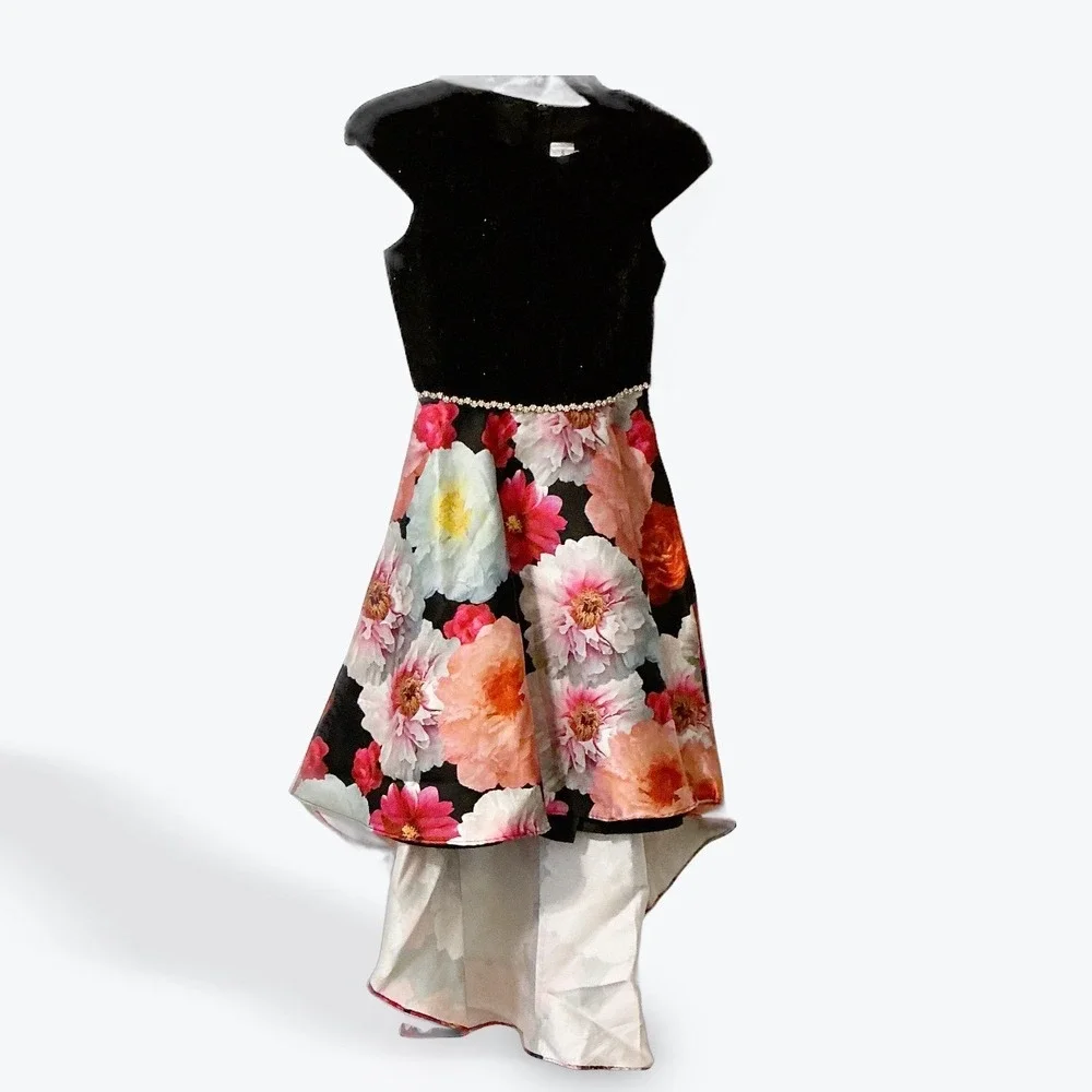Rare Editions Girls Black Glitter Lace Floral Hi Low‎ Dress Size 10